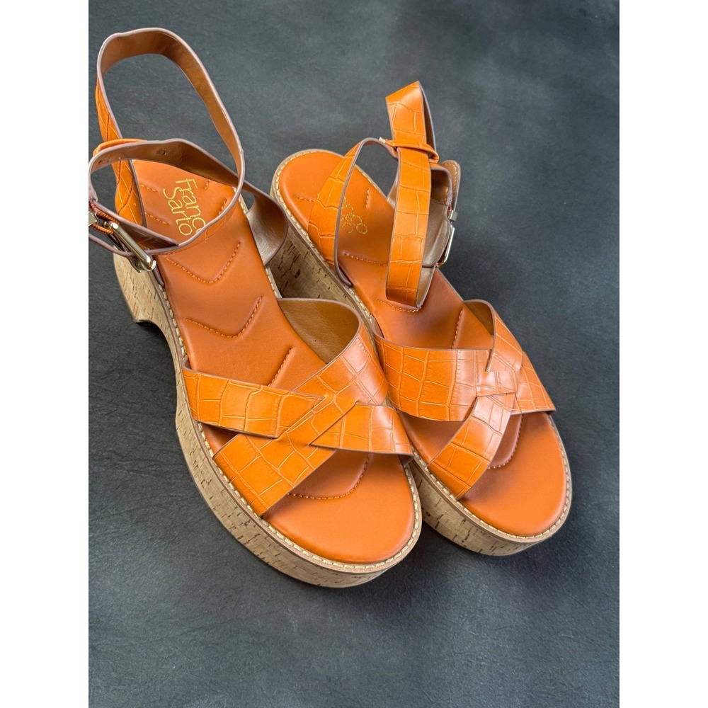 Franco Sarto Orange Wedge Sandals Cork Platform Croc Embossed Ankle Strap Summer